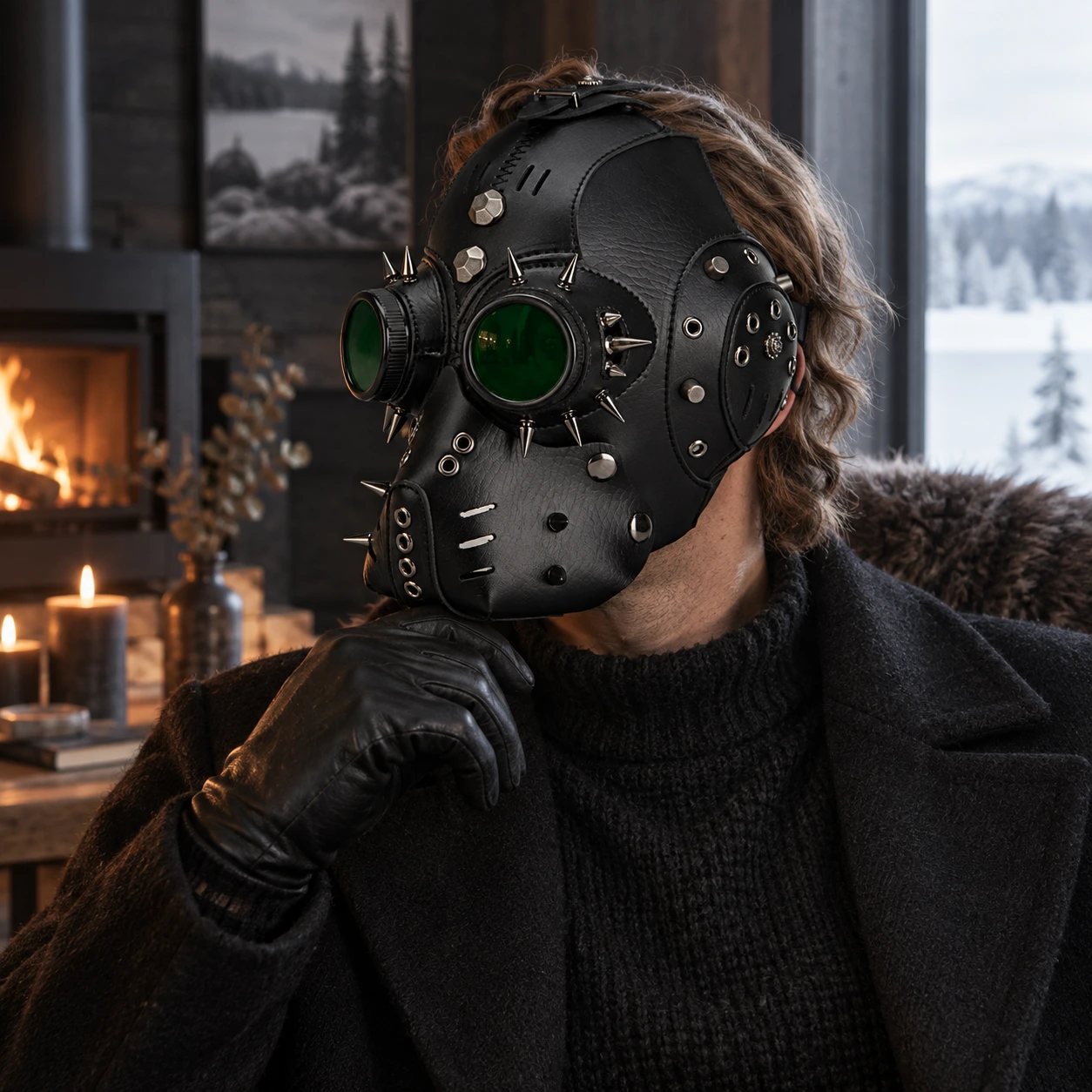 Svart Läder-Look Steampunk Helmask med Taggar och Gröna Linser