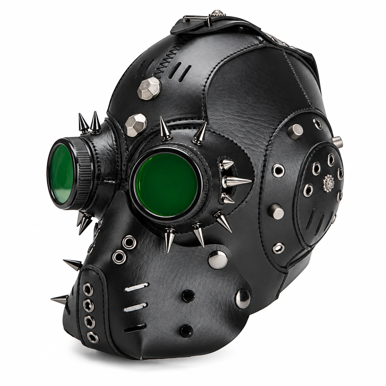 Svart Läder-Look Steampunk Helmask med Taggar och Gröna Linser