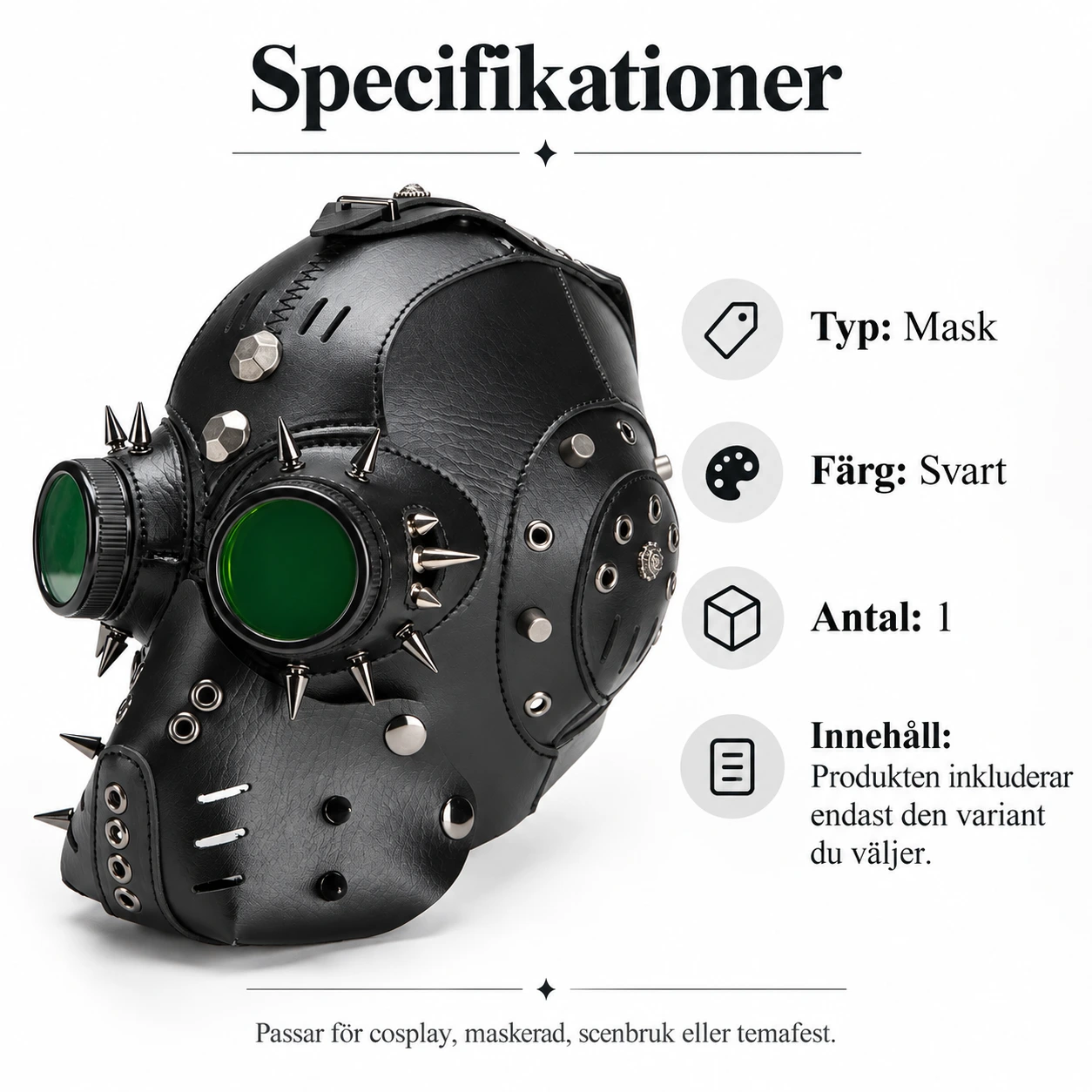Svart Läder-Look Steampunk Helmask med Taggar och Gröna Linser