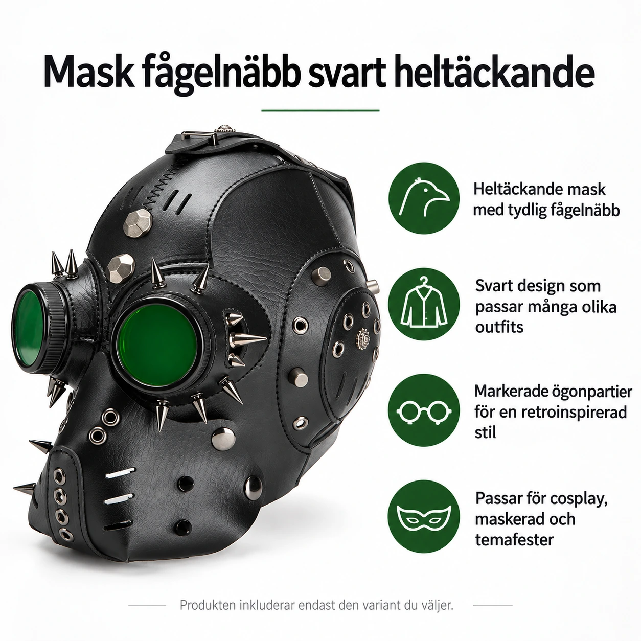 Svart Läder-Look Steampunk Helmask med Taggar och Gröna Linser