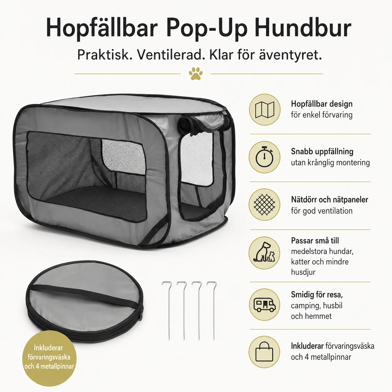 Hopfällbar hundbur för resa och inomhusbruk 93 x 52 x 52 cm