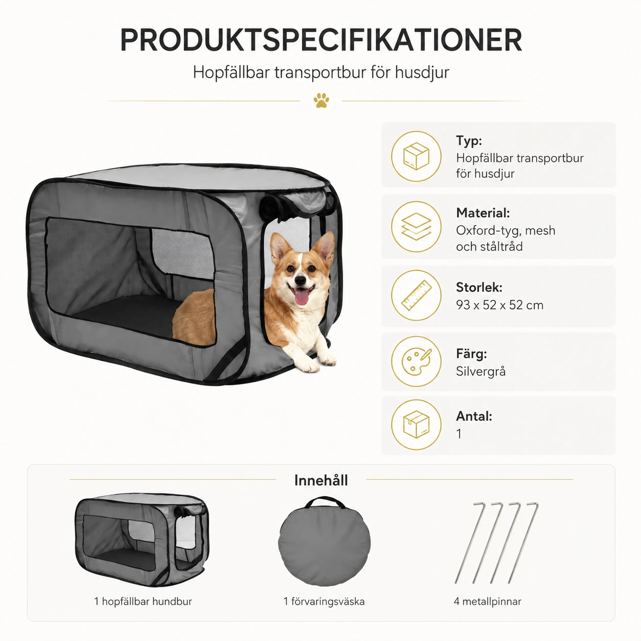 Hopfällbar hundbur för resa och inomhusbruk 93 x 52 x 52 cm