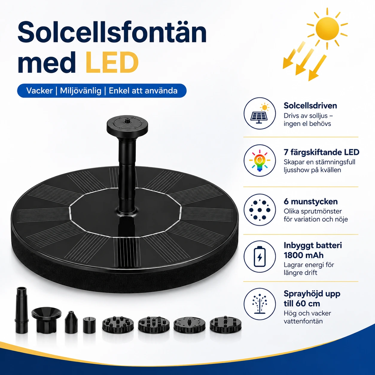 Solcellsfontän med LED för Fågelbad och Trädgård