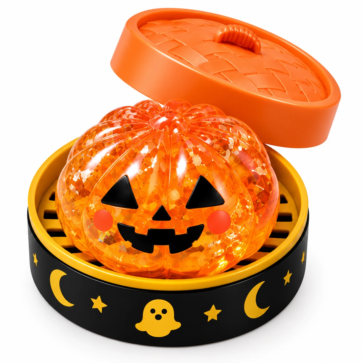 Dumpling squishy med ångkorg – Halloweenmotiv