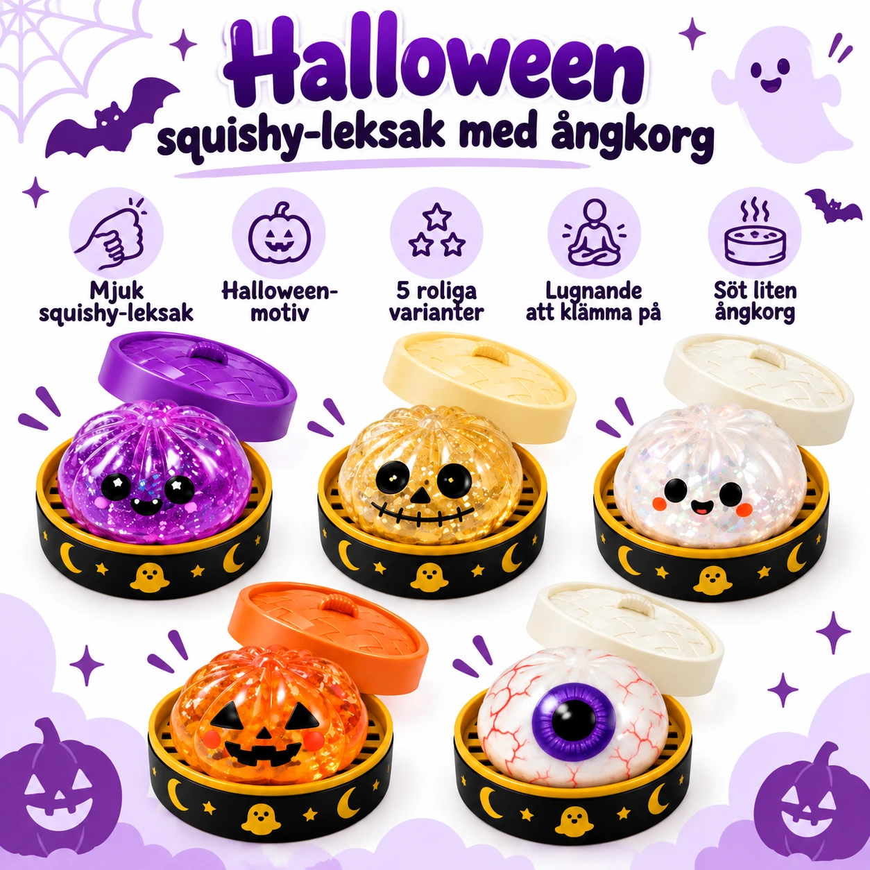 Dumpling squishy med ångkorg – Halloweenmotiv