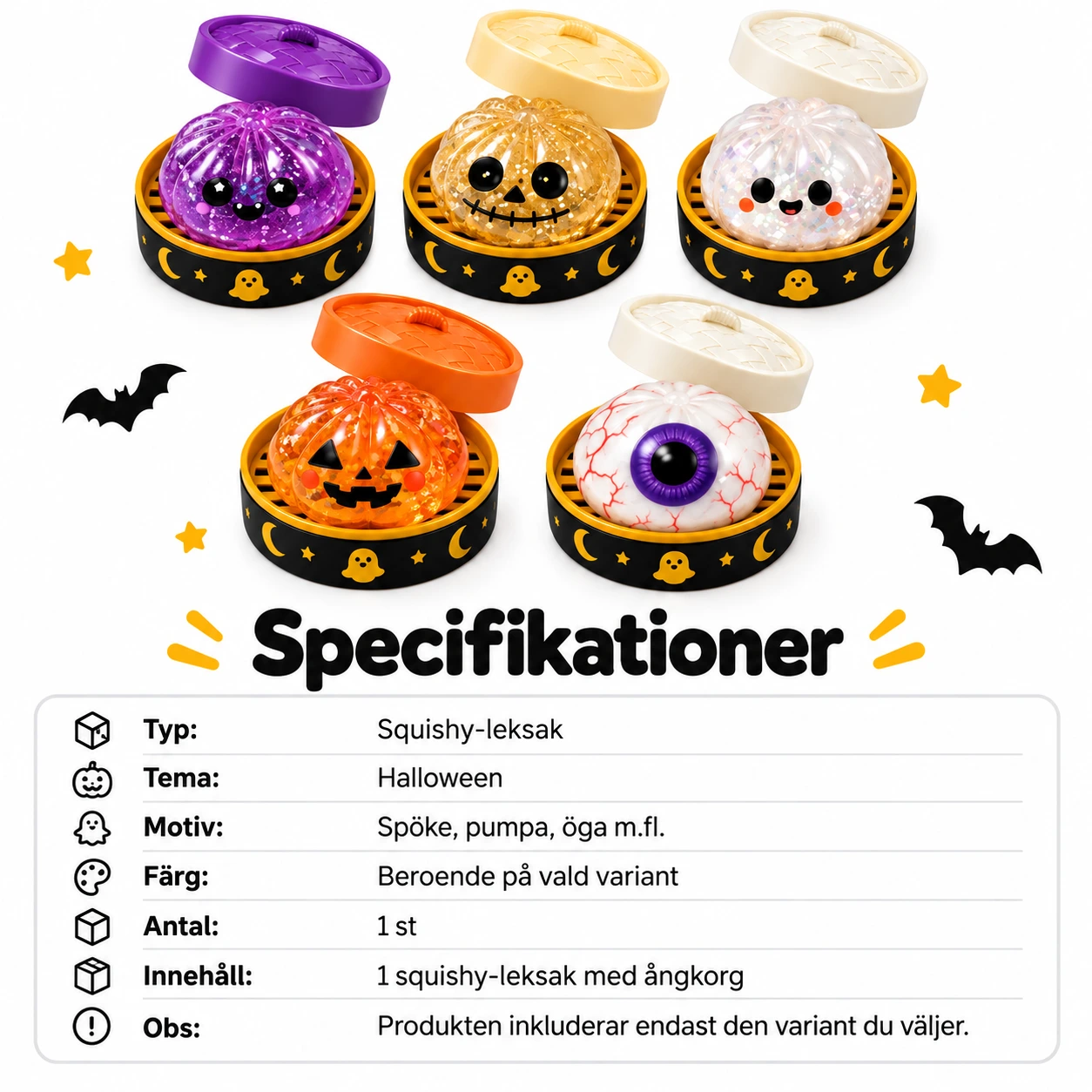 Dumpling squishy med ångkorg – Halloweenmotiv