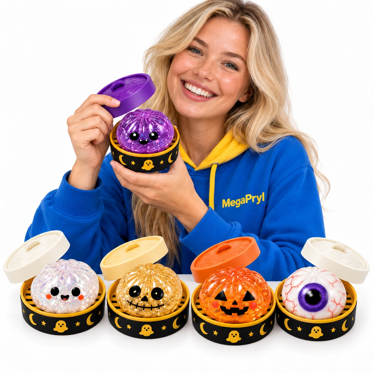 Dumpling squishy med ångkorg – Halloweenmotiv