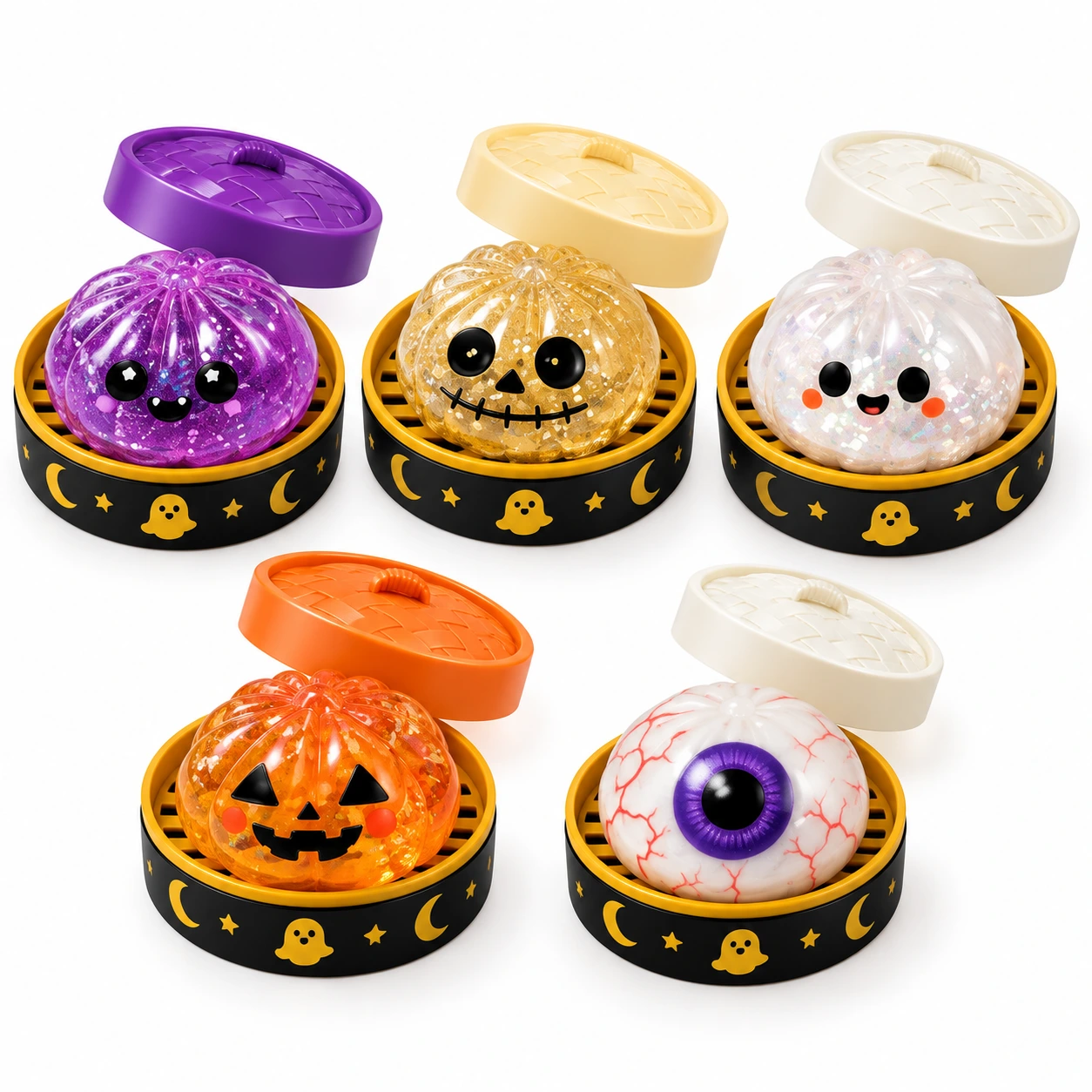 Dumpling squishy med ångkorg – Halloweenmotiv