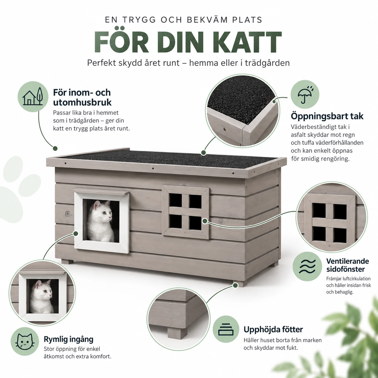 Katt hus för inom- och utomhusbruk med öppningsbart tak