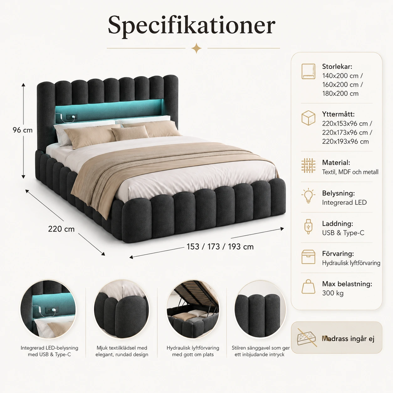 Sängram med Förvaring och LED-belysning