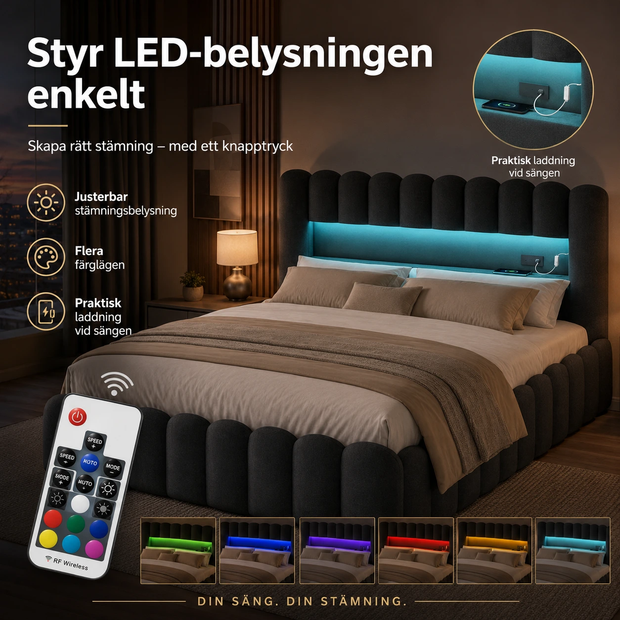 Sängram med Förvaring och LED-belysning
