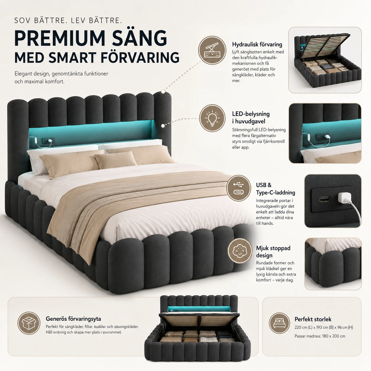 Sängram med Förvaring och LED-belysning