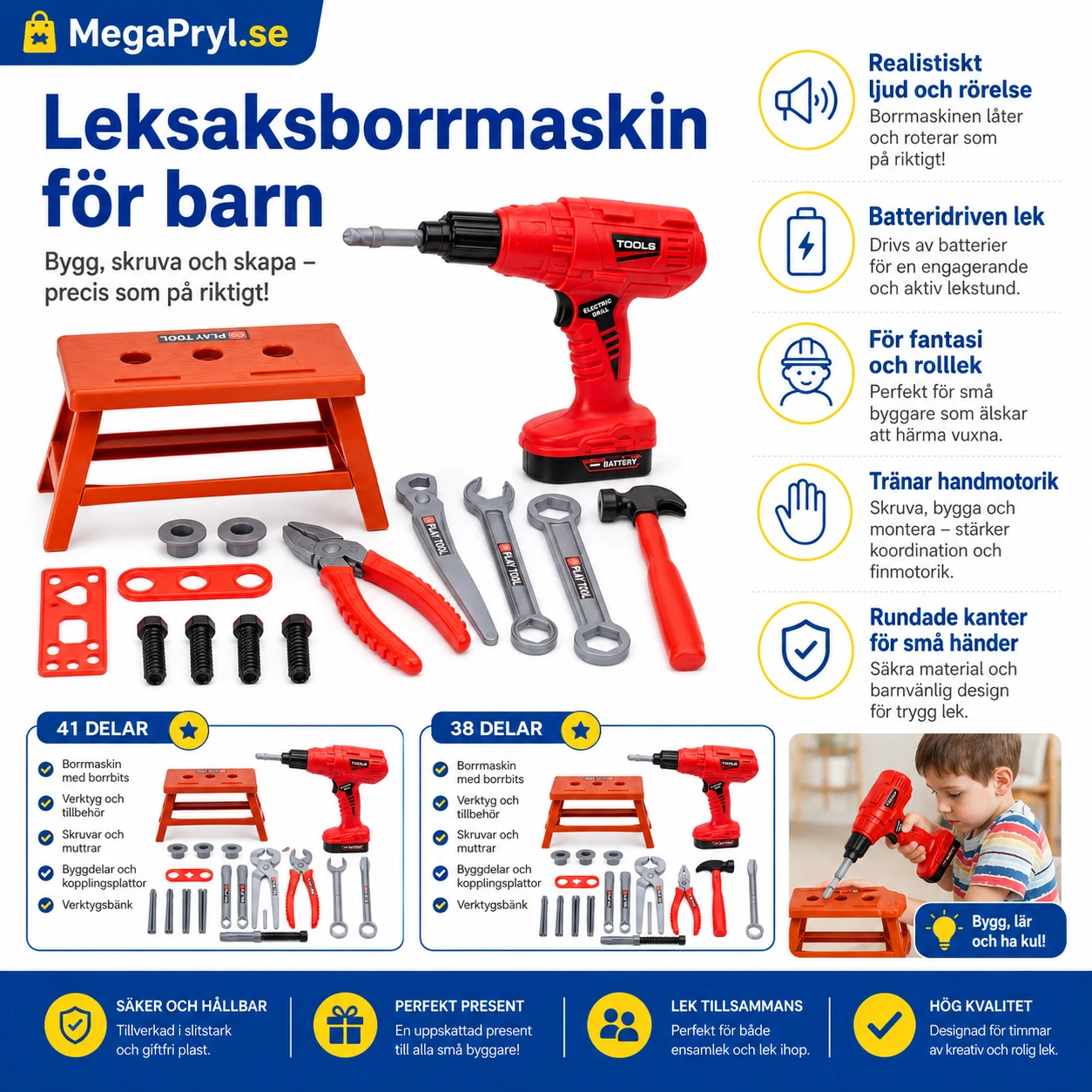 Leksaksborrmaskin Set för Barn med Realistiskt Ljud och Rörelse