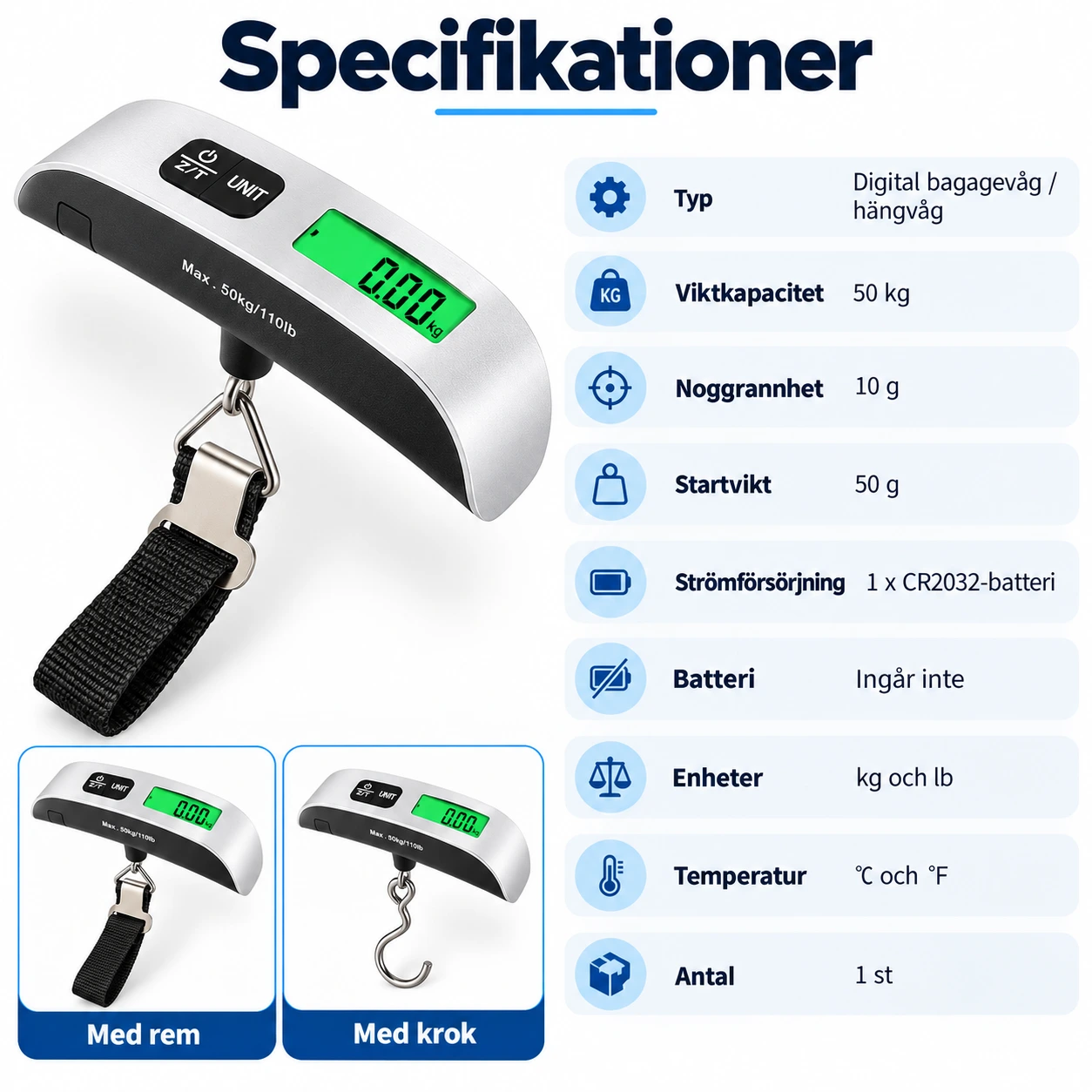 Digital hängvåg för bagage och fiske, 50 kg