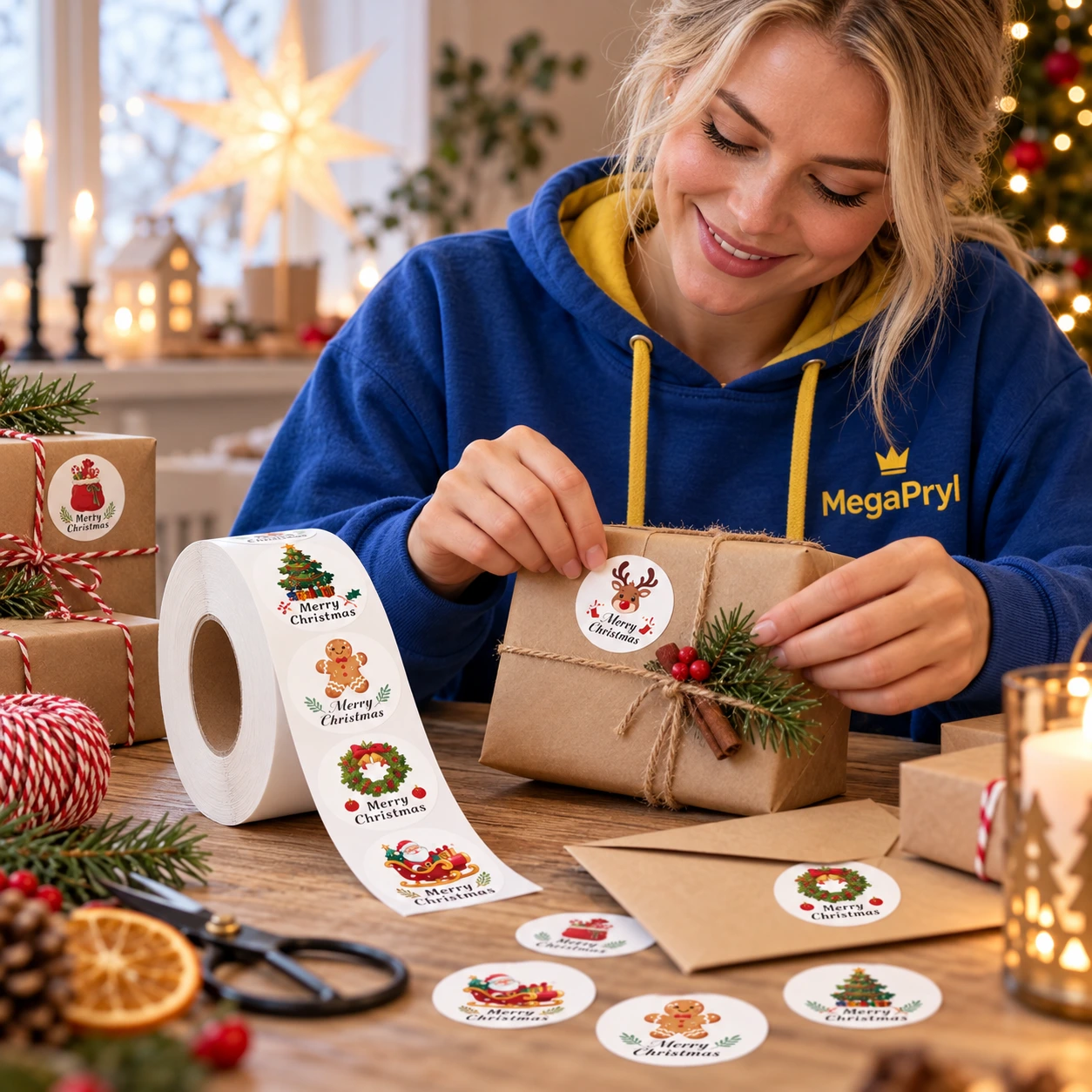 Julstickers på rulle för paket och pyssel, 500-pack
