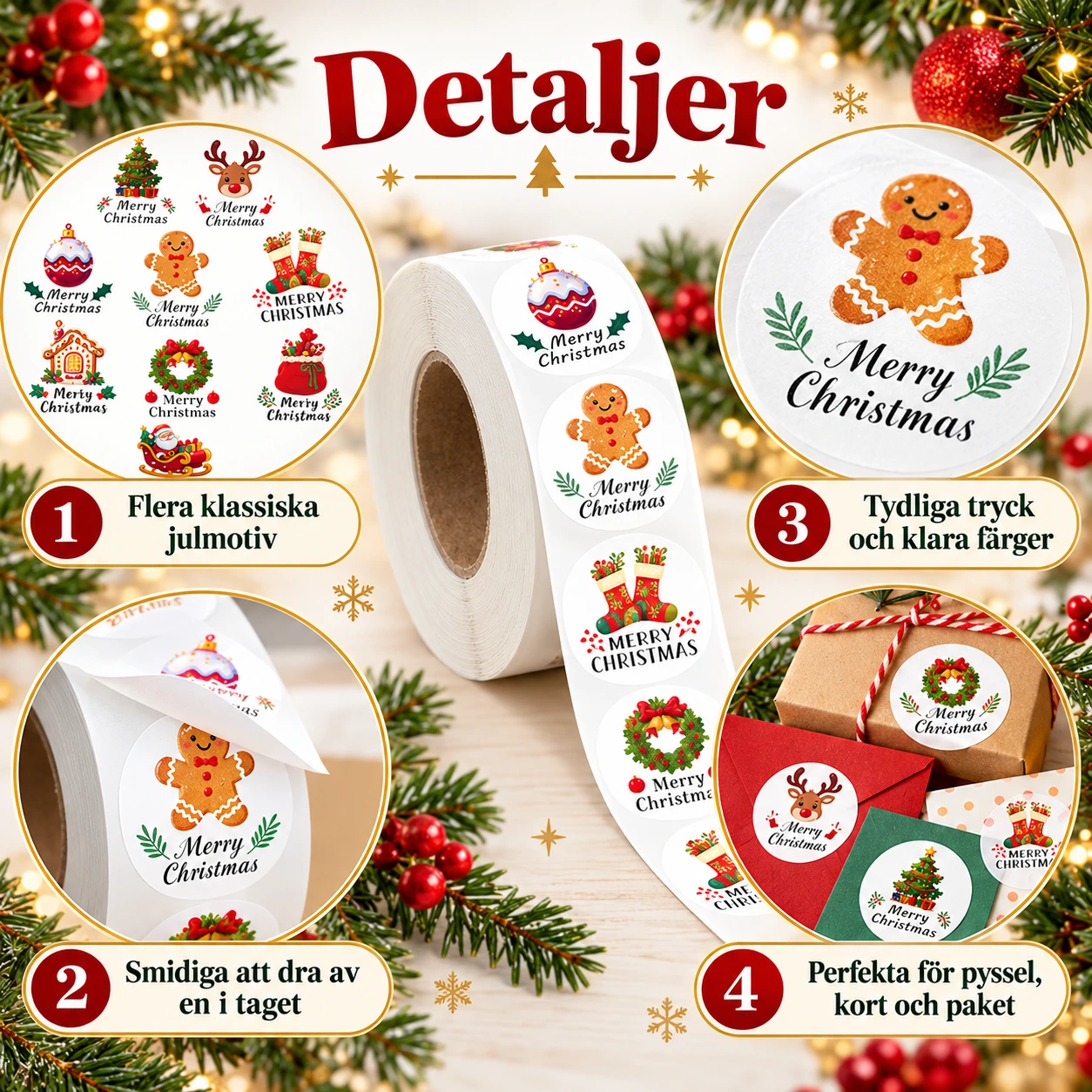Julstickers på rulle för paket och pyssel, 500-pack