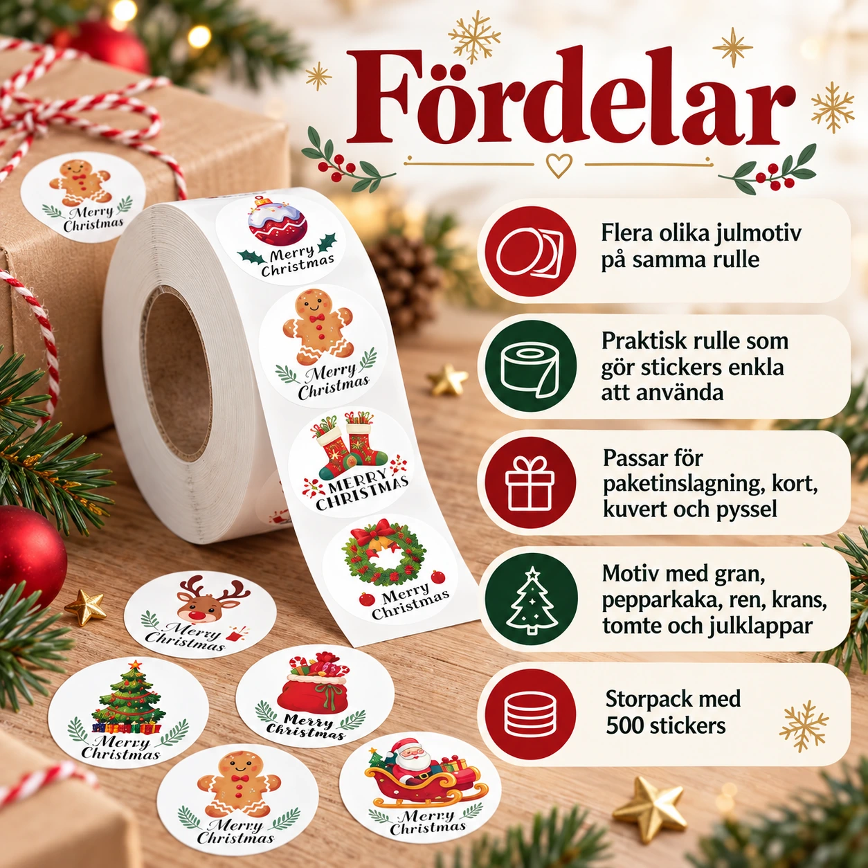 Julstickers på rulle för paket och pyssel, 500-pack