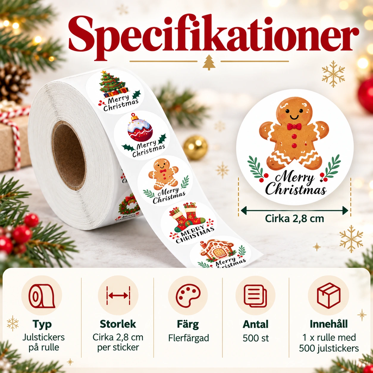 Julstickers på rulle för paket och pyssel, 500-pack