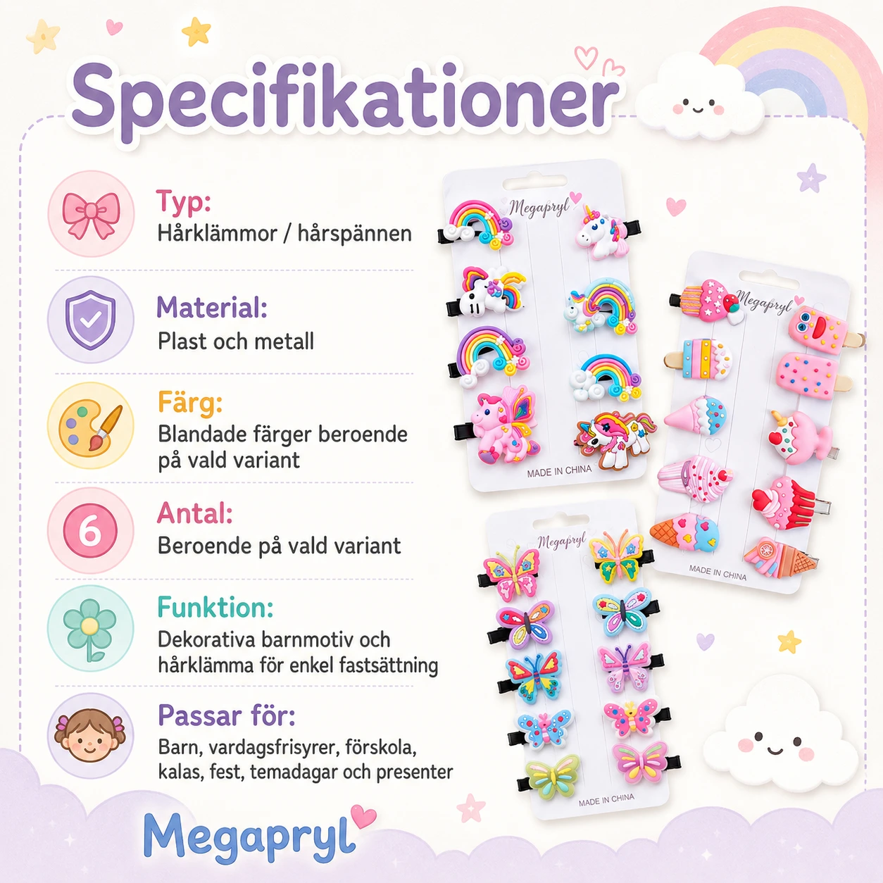Hårklämmor för Barn med Regnbåge och Enhörning