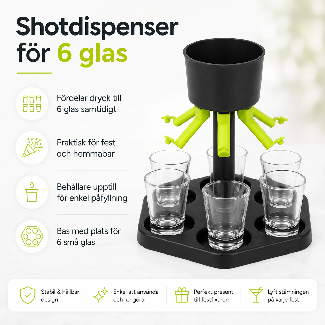 Shotdispenser för 6 glas till fest och hemmabar