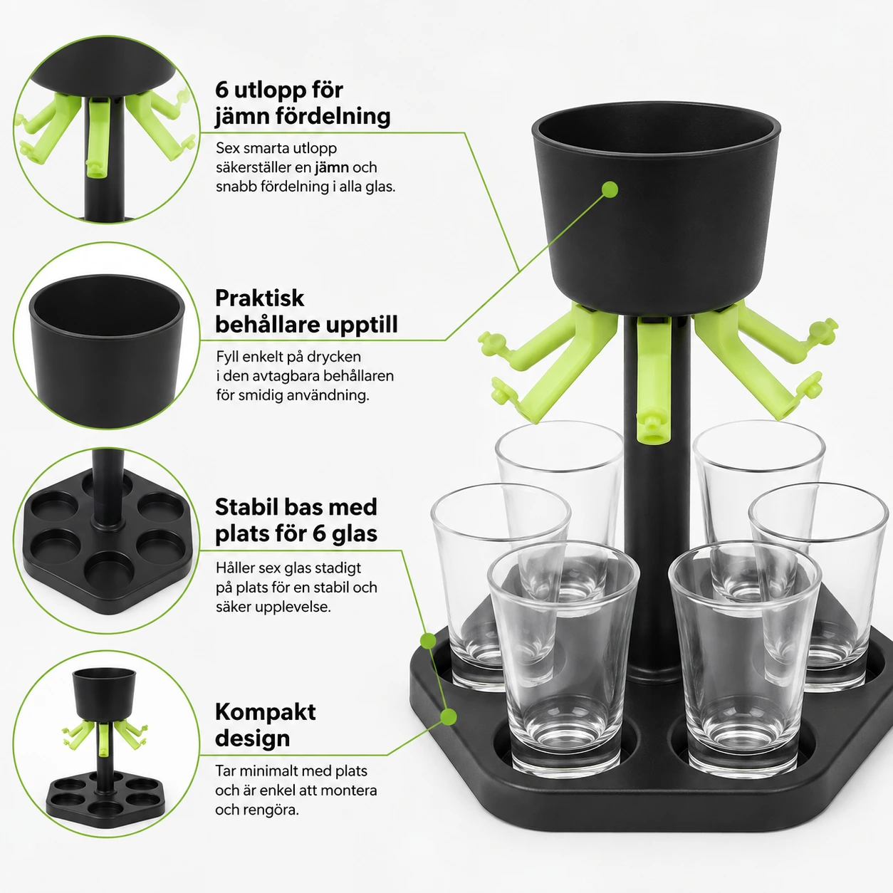 Shotdispenser för 6 glas till fest och hemmabar