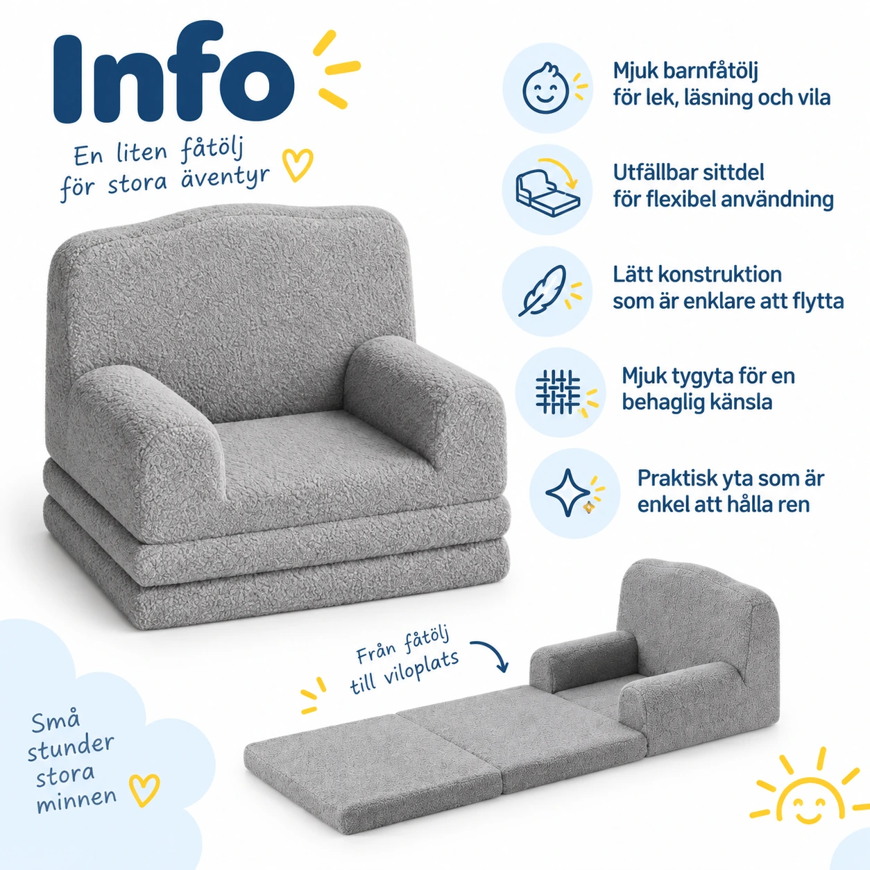 Barnfåtölj i skum med utfällbar sittdel, grå
