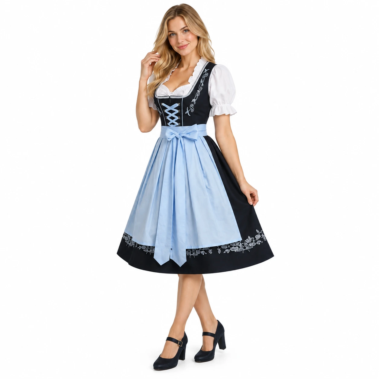 Tysk Dirndl Klänning i Svart och Ljusblått med Broderi och Förkläde
