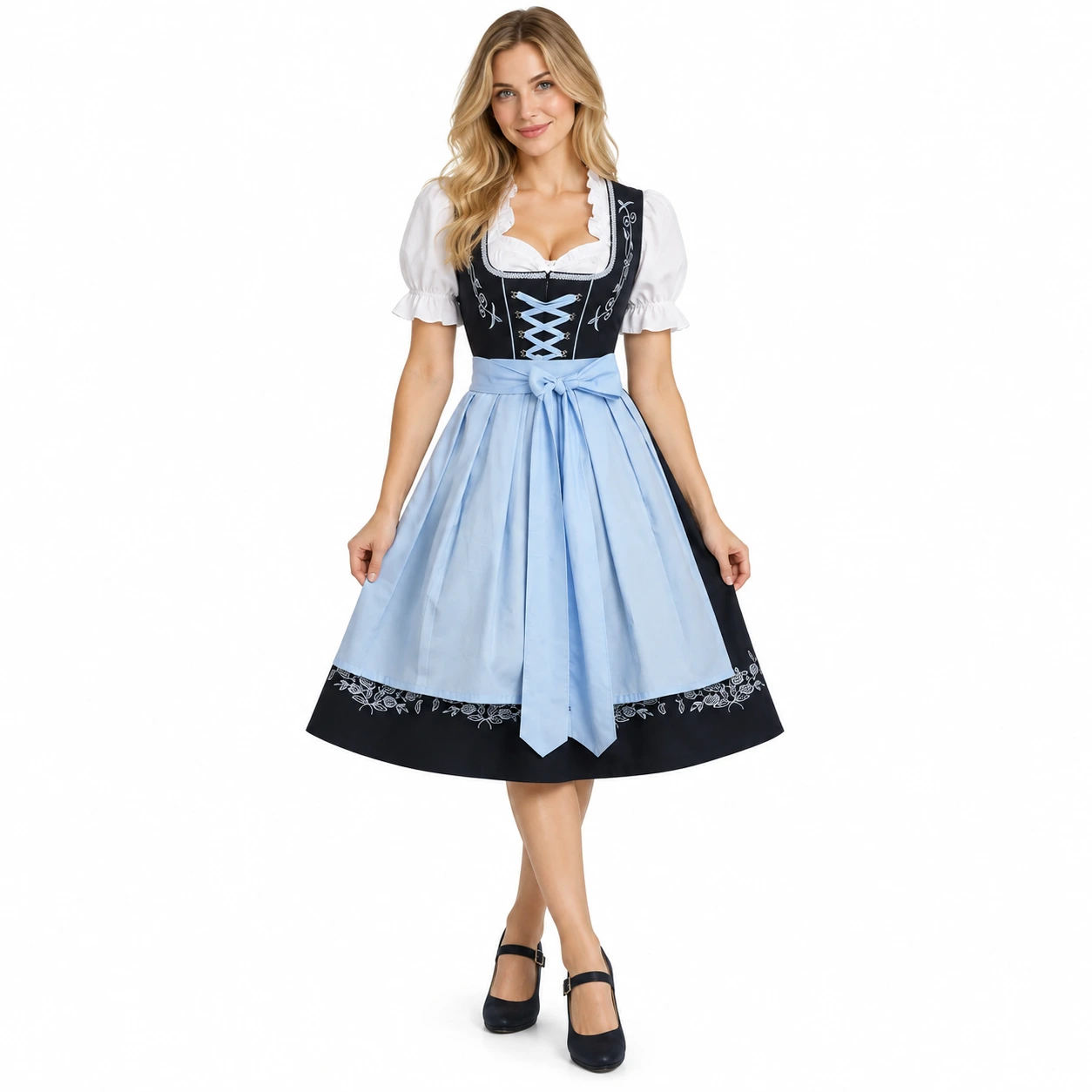 Tysk Dirndl Klänning i Svart och Ljusblått med Broderi och Förkläde