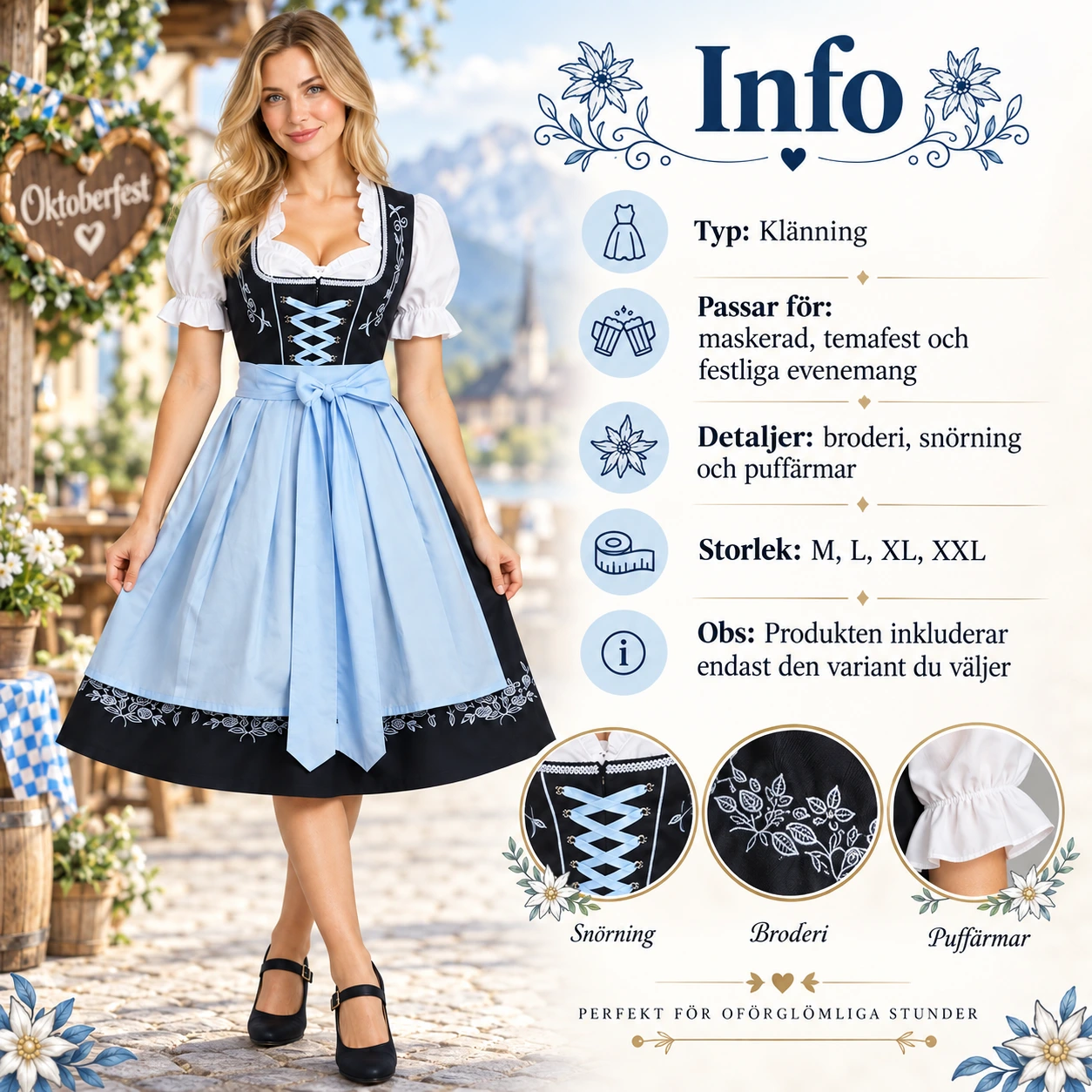 Tysk Dirndl Klänning i Svart och Ljusblått med Broderi och Förkläde