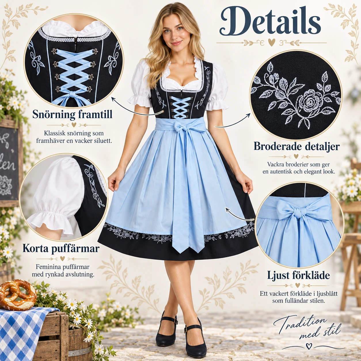 Tysk Dirndl Klänning i Svart och Ljusblått med Broderi och Förkläde