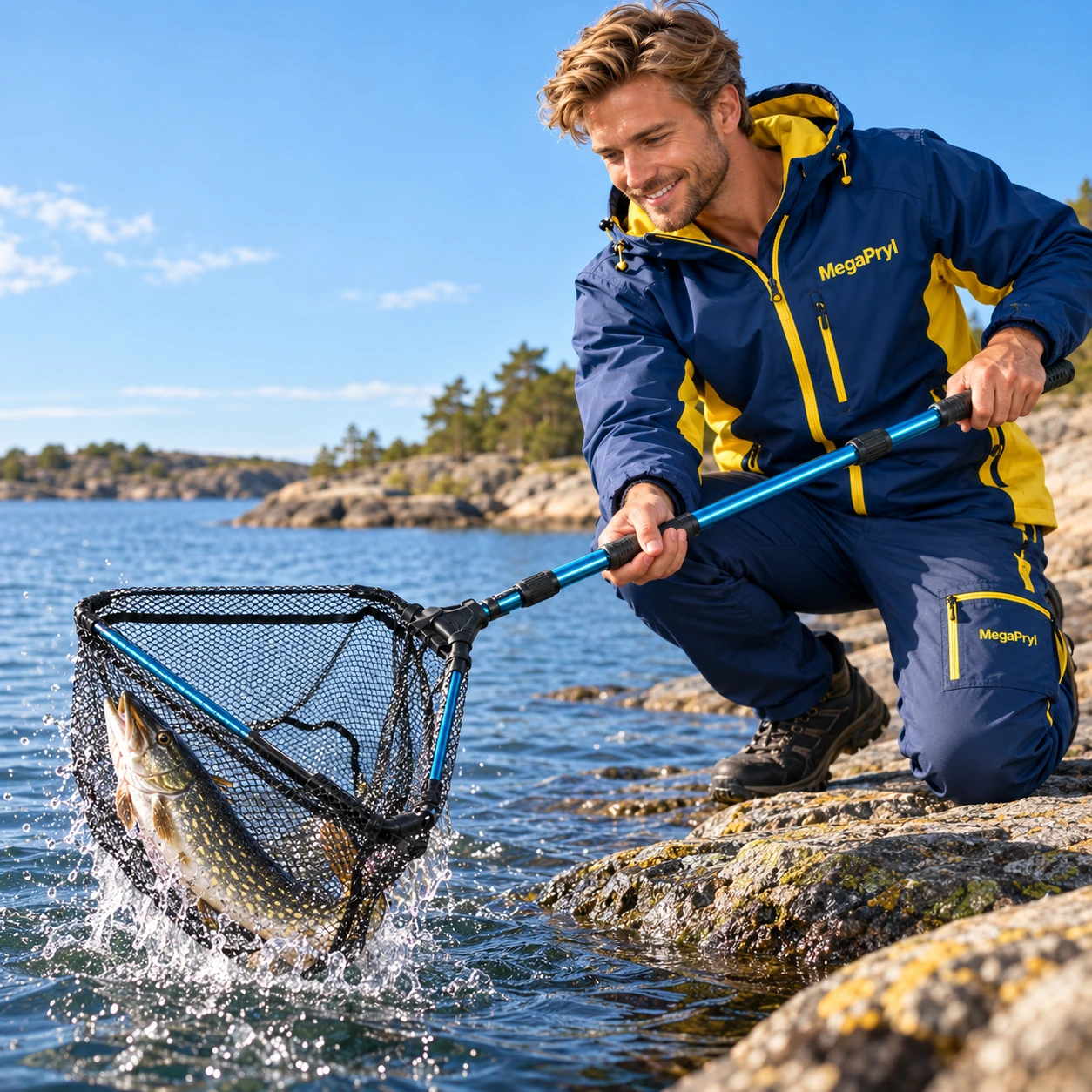 Hopfällbar fiskehåv med teleskopskaft