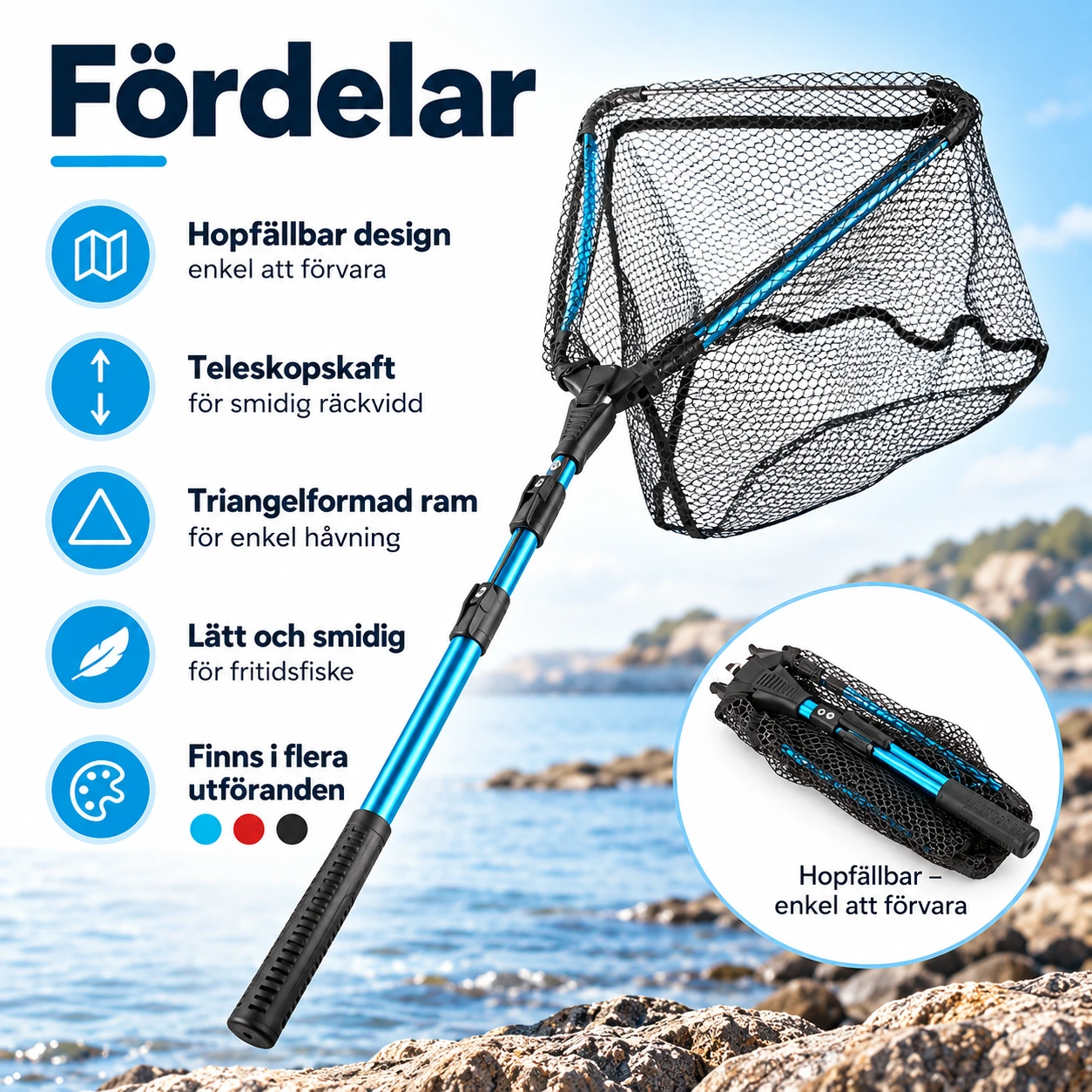 Hopfällbar fiskehåv med teleskopskaft