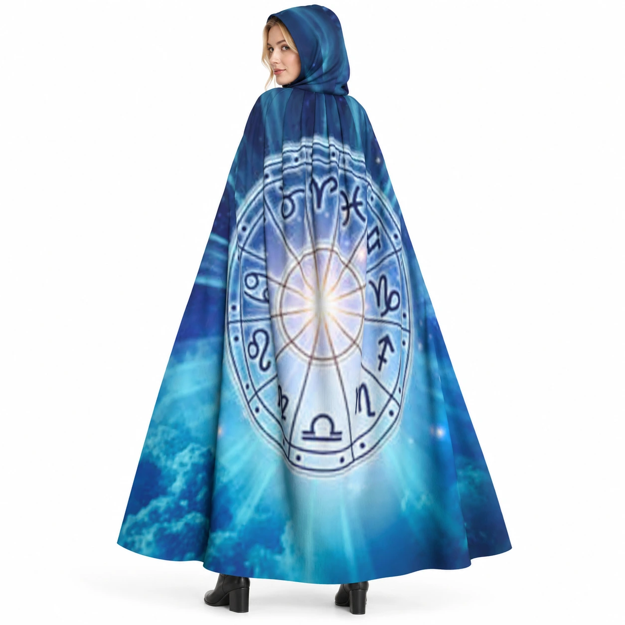 Mörkblå Astronomimantel med Luva och Zodiakhjul