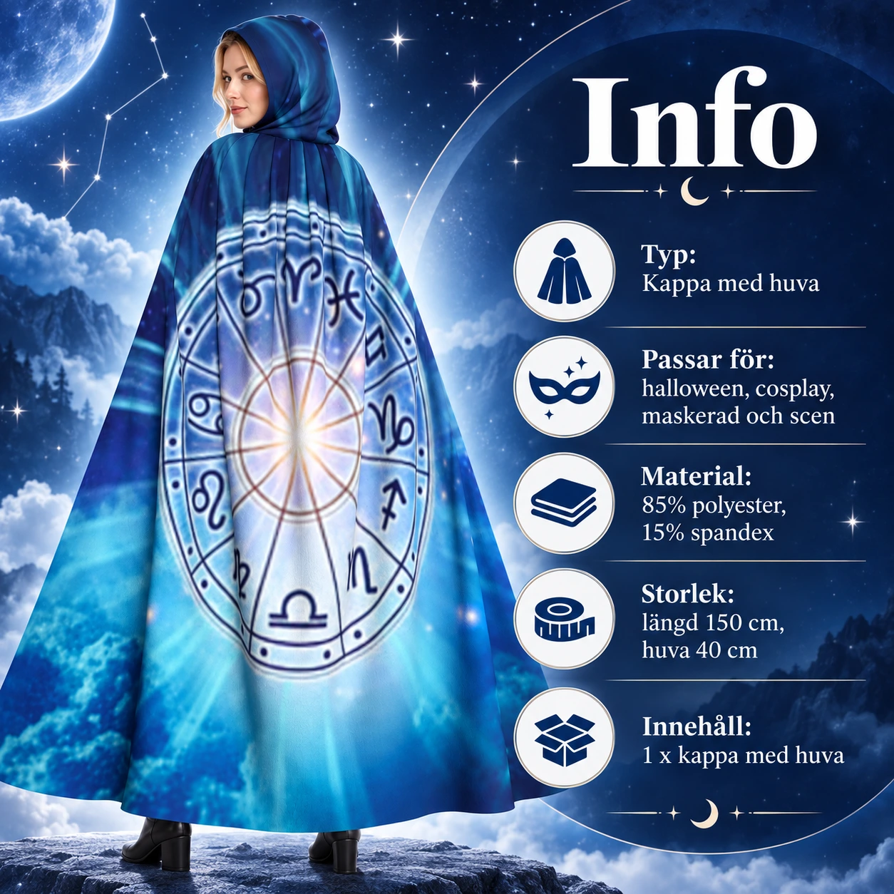 Mörkblå Astronomimantel med Luva och Zodiakhjul
