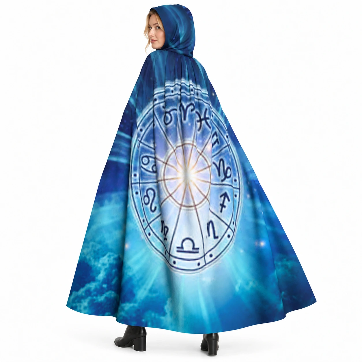 Mörkblå Astronomimantel med Luva och Zodiakhjul