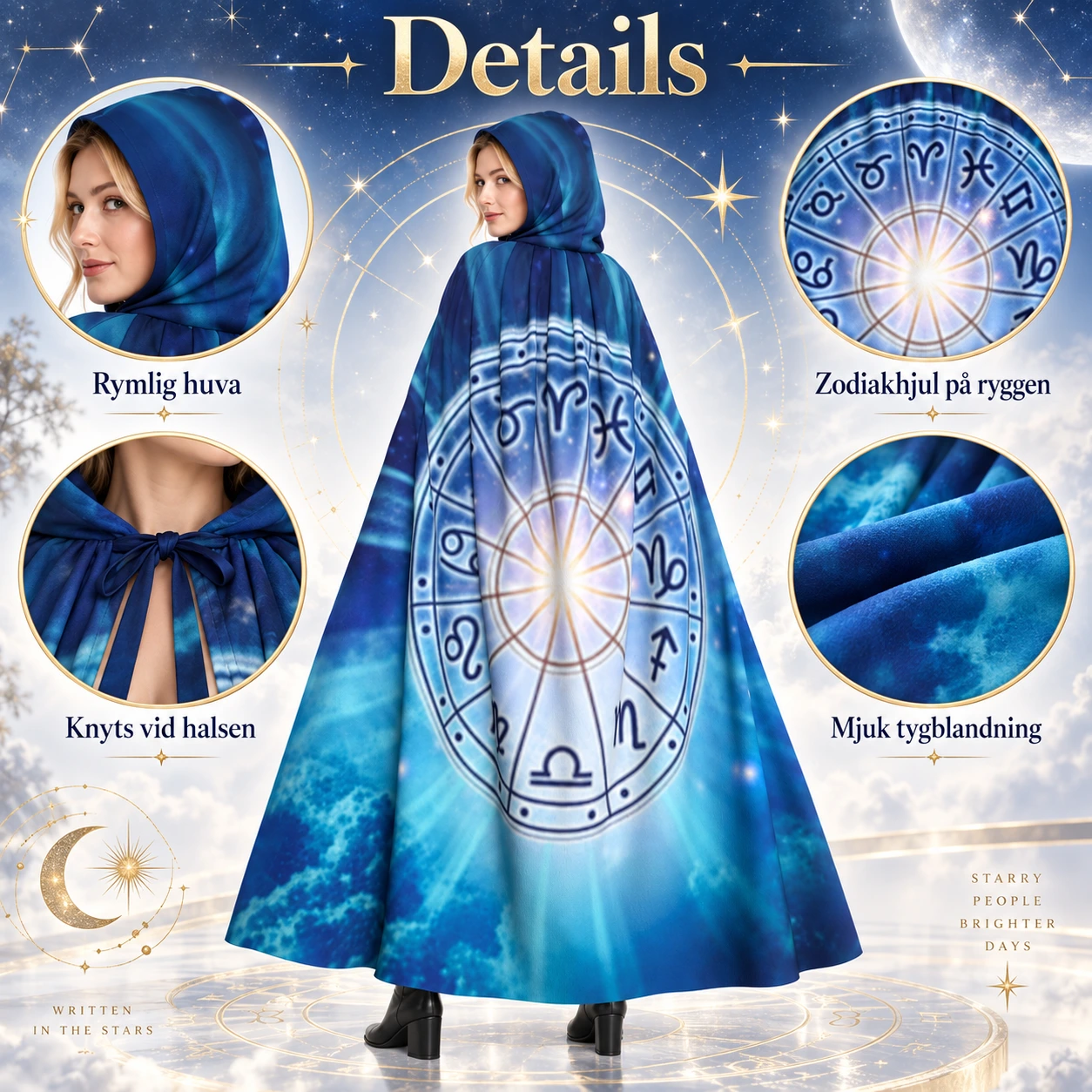 Mörkblå Astronomimantel med Luva och Zodiakhjul