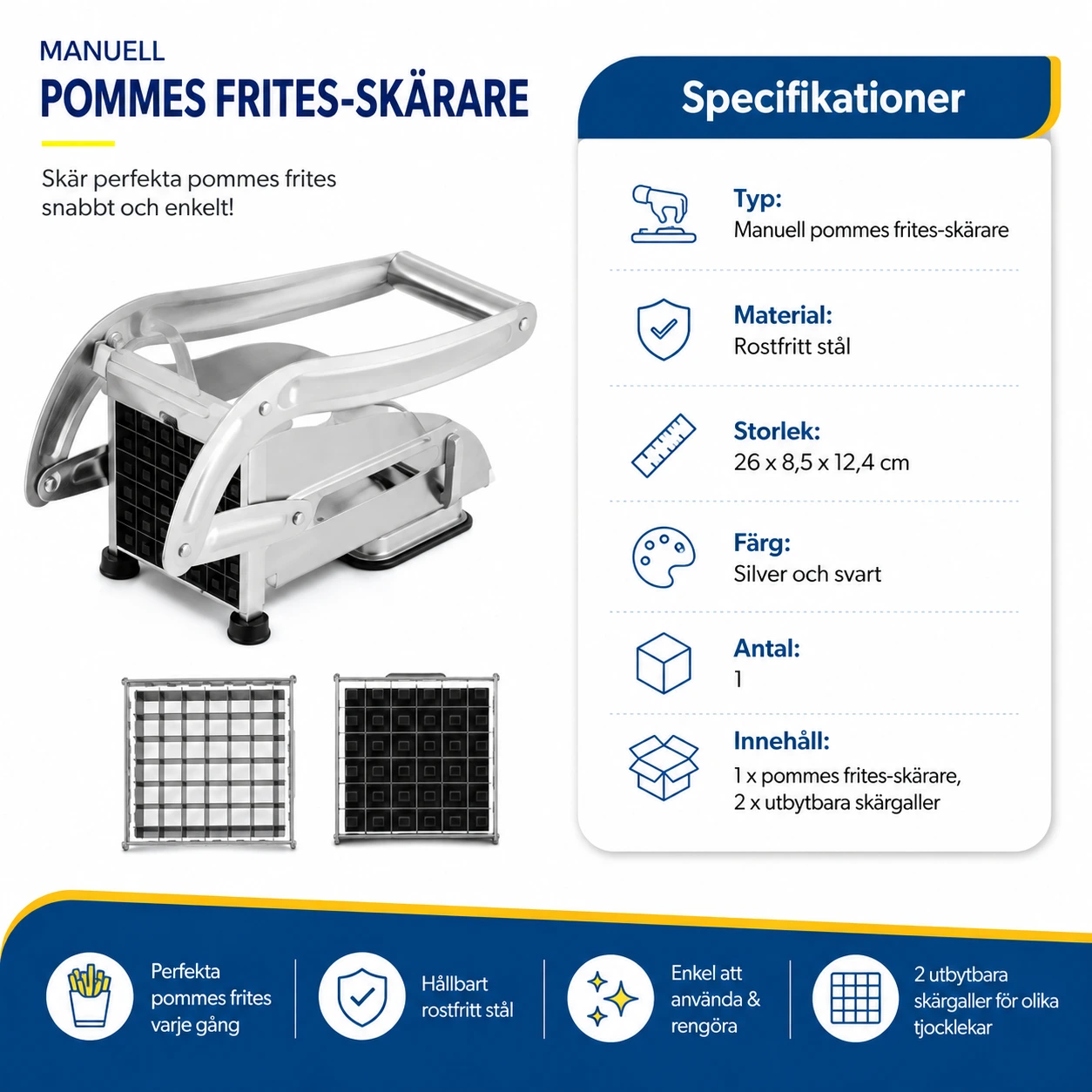 Pommes frites-skärare i rostfritt stål med sugfot