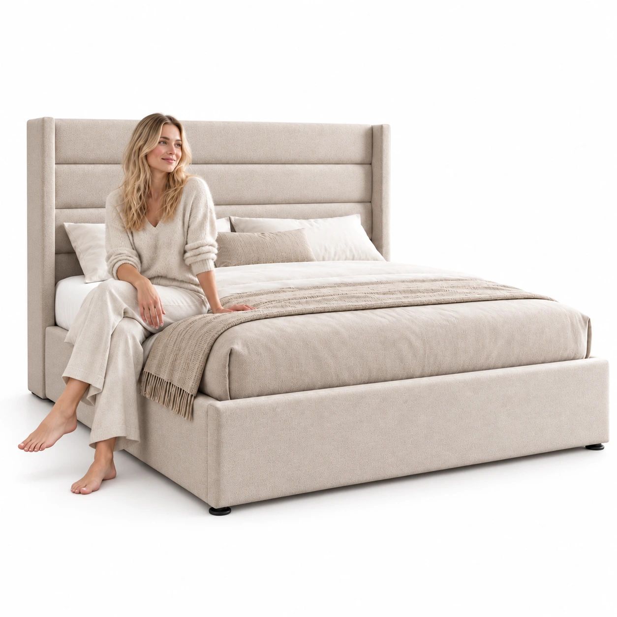 Oppbevaringsseng i beige stoff 160x200 cm med ribbebunn