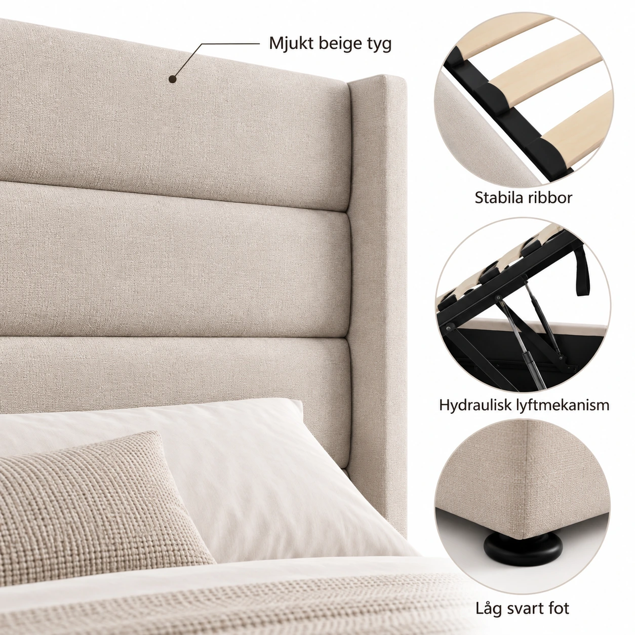 Oppbevaringsseng i beige stoff 160x200 cm med ribbebunn