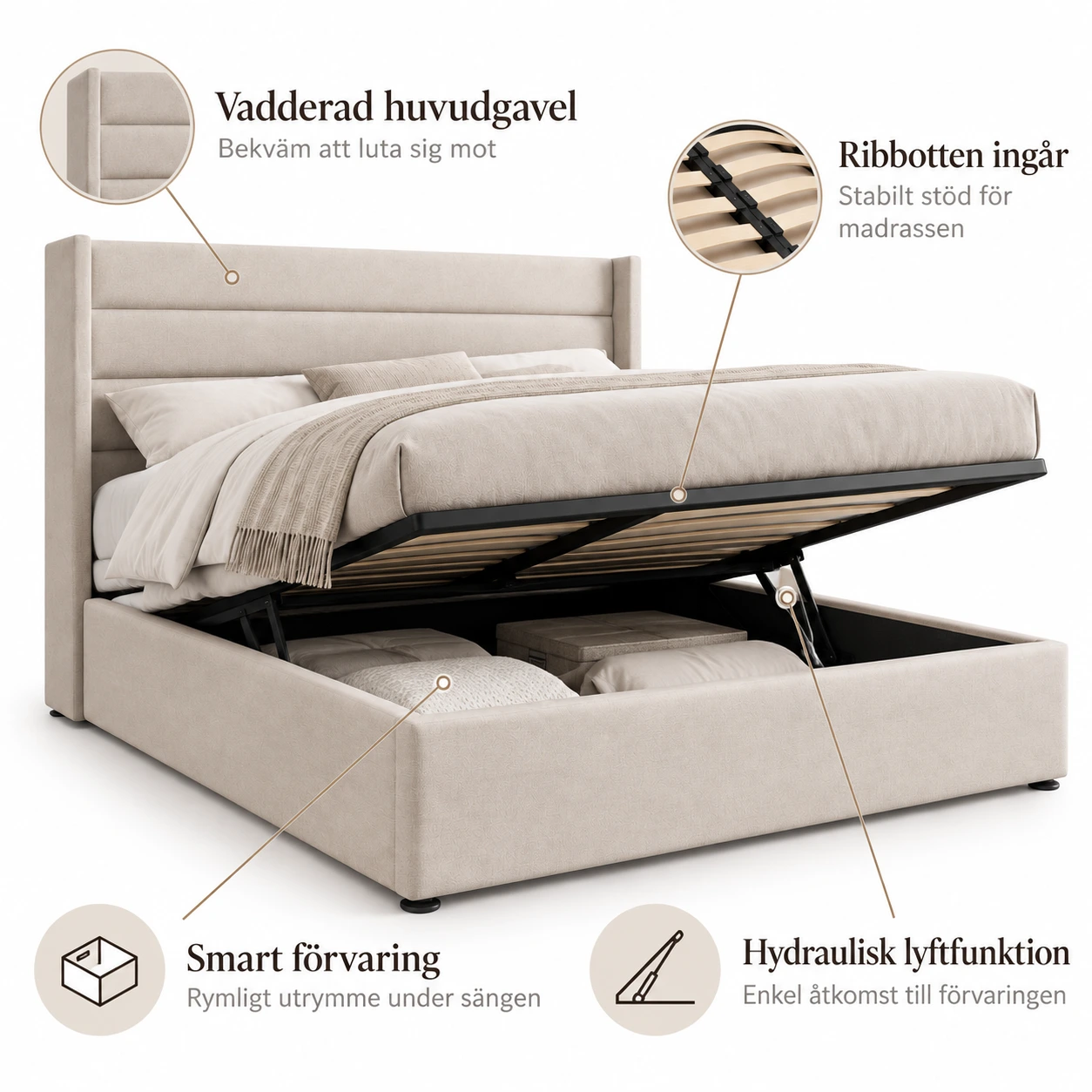 Oppbevaringsseng i beige stoff 160x200 cm med ribbebunn