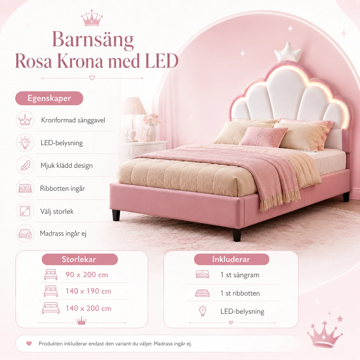 Barnsäng Rosa Krona med LED - Sammetstyg