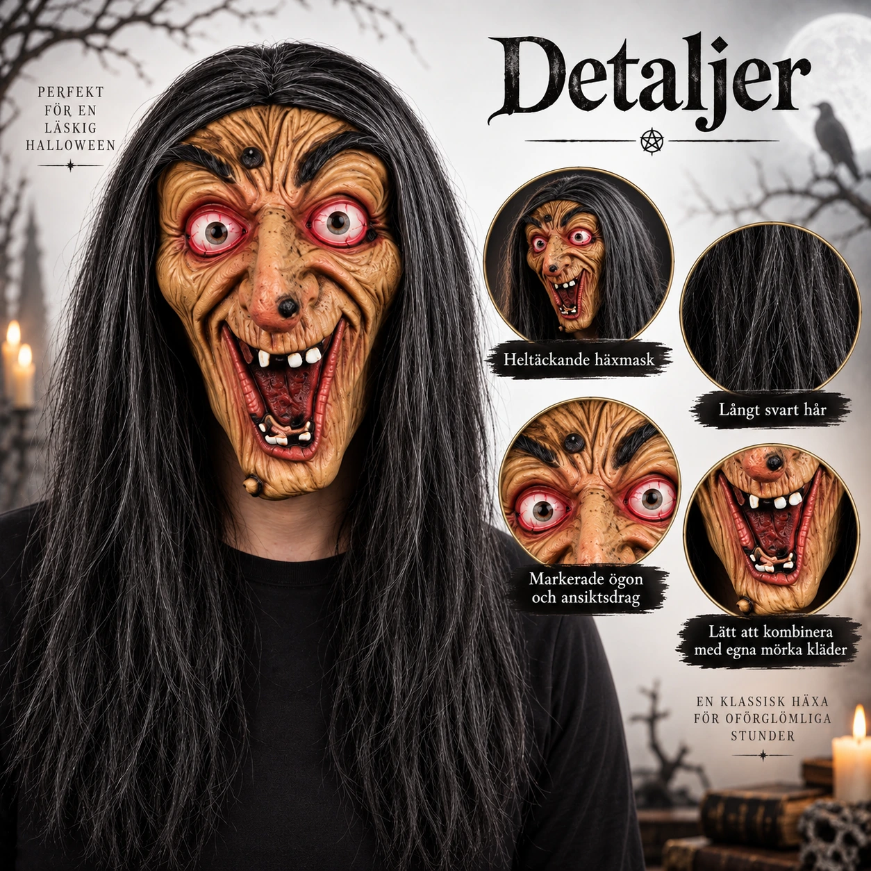 Mask häxa i latex med långt svart hår