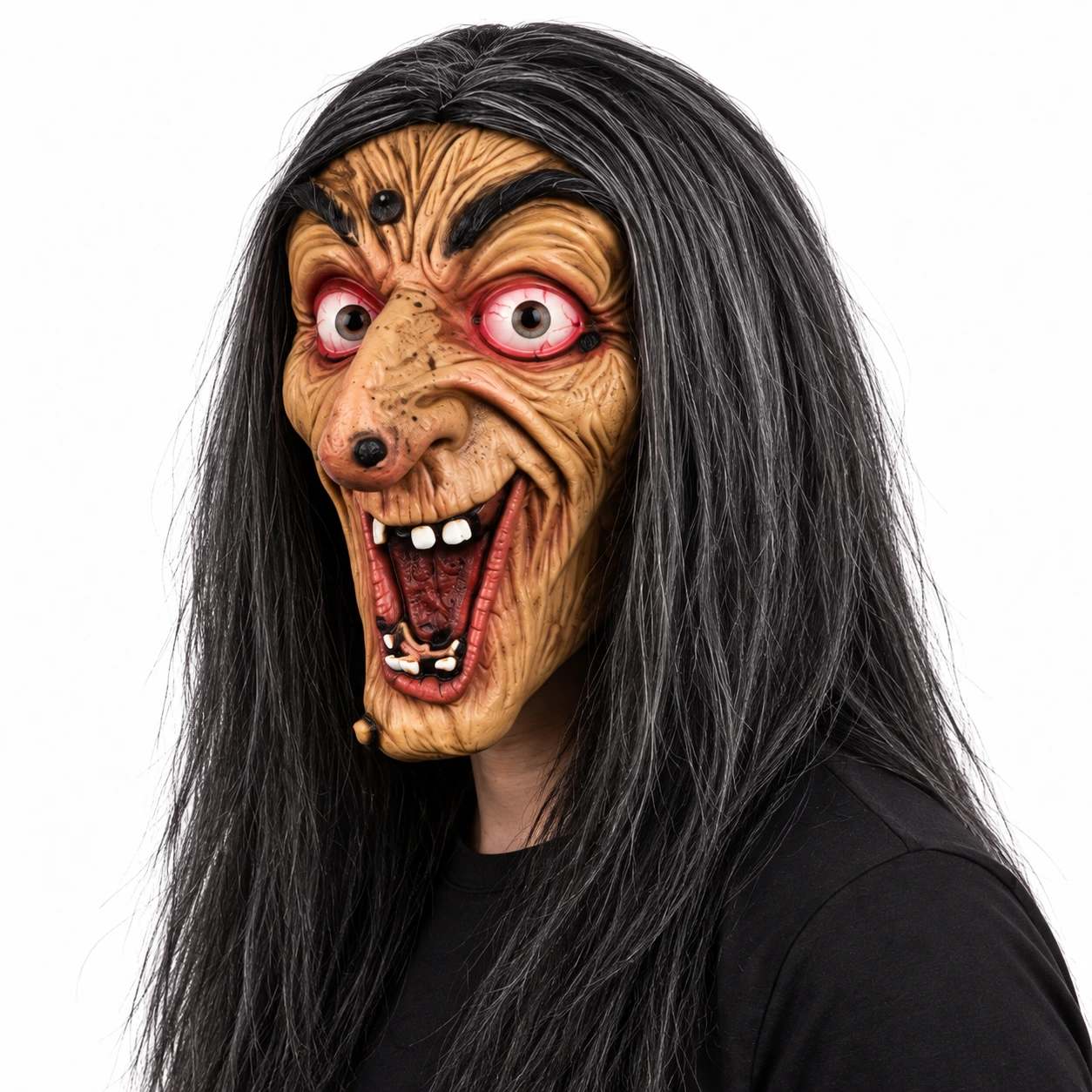 Mask häxa i latex med långt svart hår