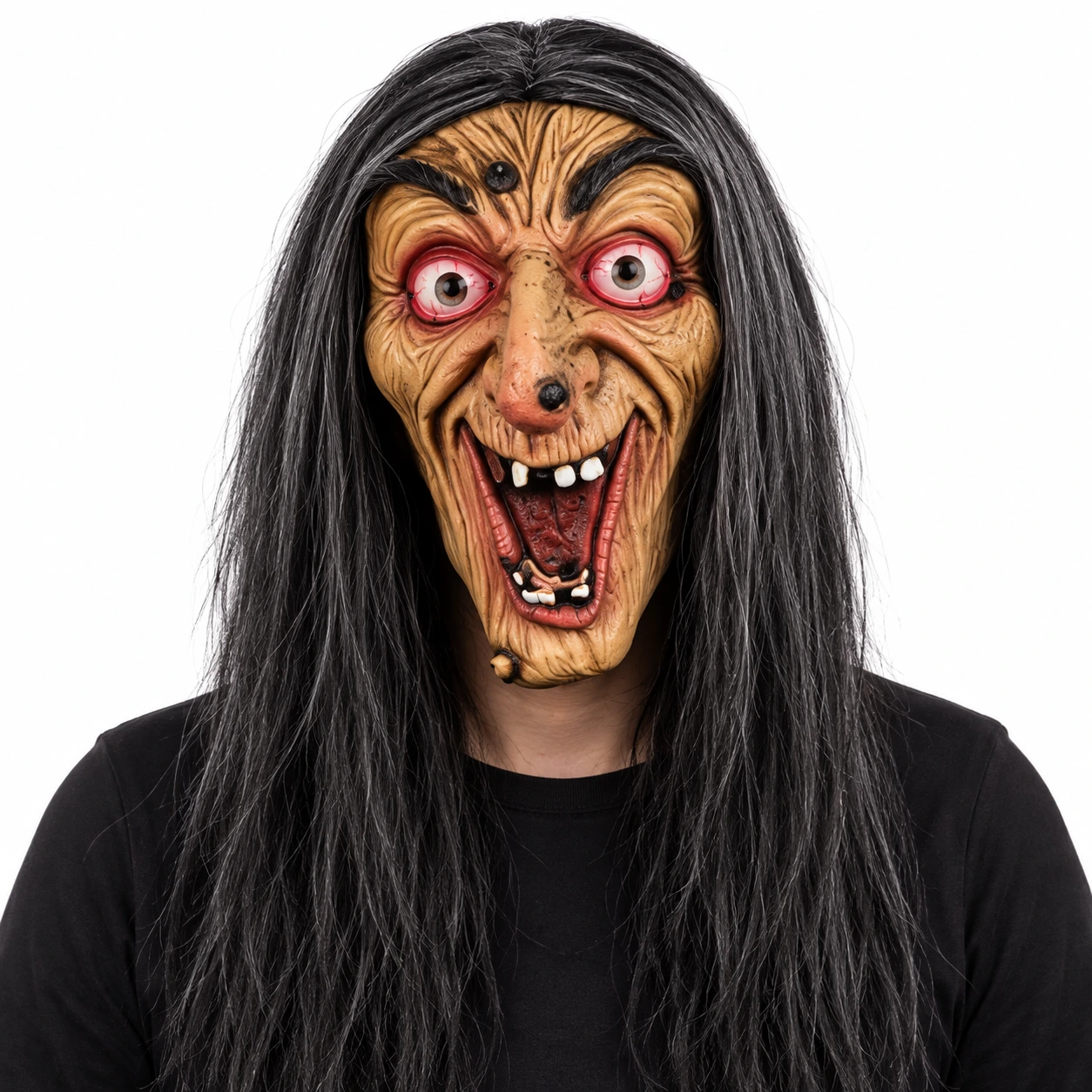 Mask häxa i latex med långt svart hår