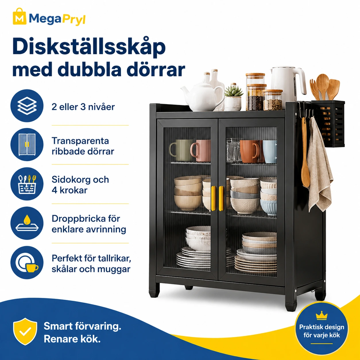 Köksskåp för bänkskiva med dubbla dörrar och krokar