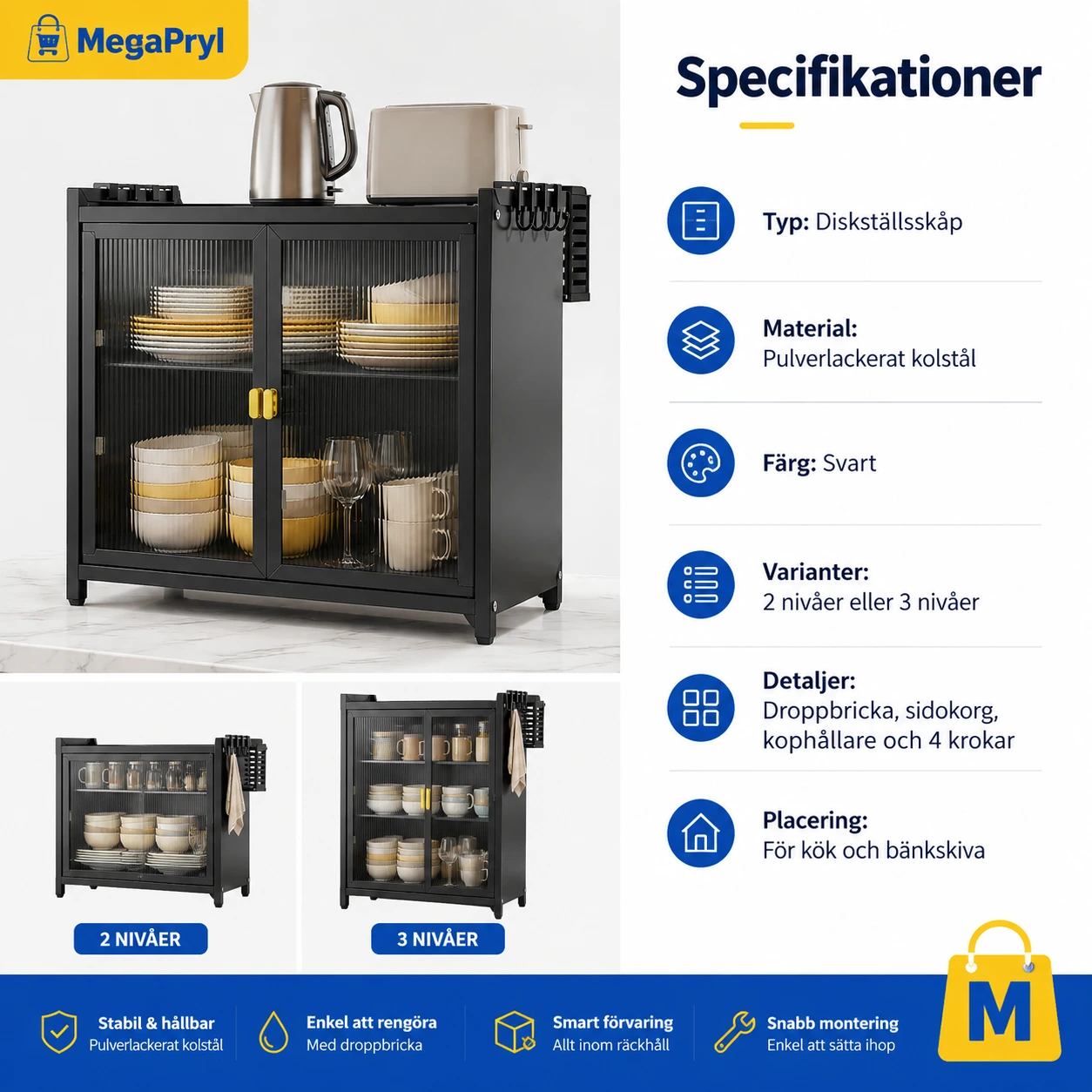 Köksskåp för bänkskiva med dubbla dörrar och krokar
