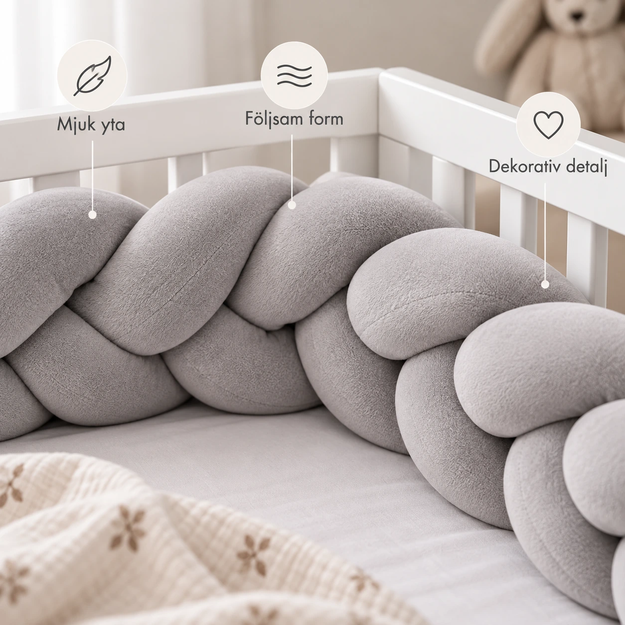 Flätat sängskydd för spjälsäng och barnrum