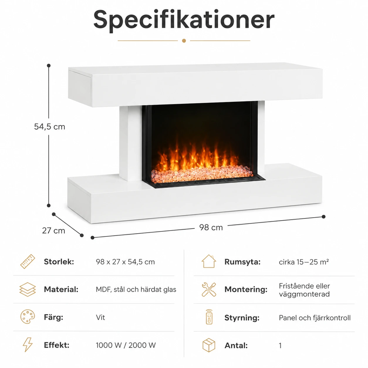 Elektrisk väggkamin och fristående kamin 98 cm vit