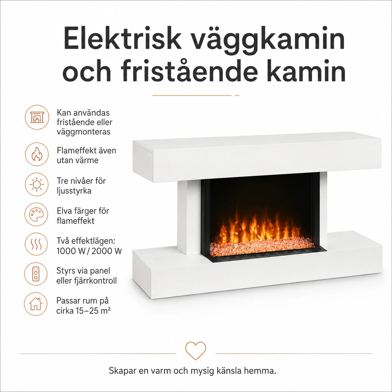 Elektrisk väggkamin och fristående kamin 98 cm vit