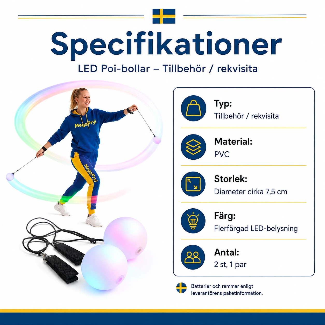 LED poi-bollar för dans och scenframträdanden, 1 par